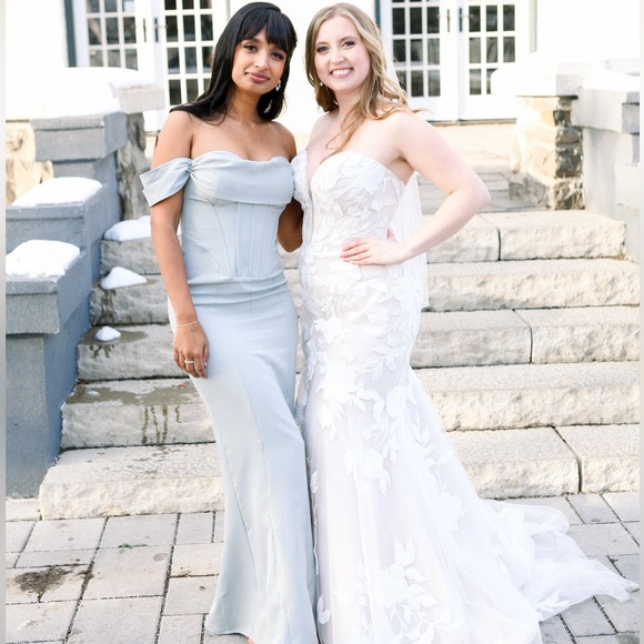 PLT Sage Green Corset Detail Bardot Bridesmaid Dress - Picture 2 of 7